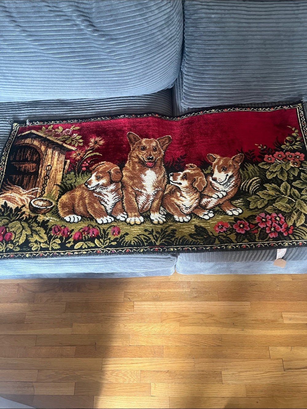 Vintage  Corgi Tapestry Runner with Dog Family on Red Background